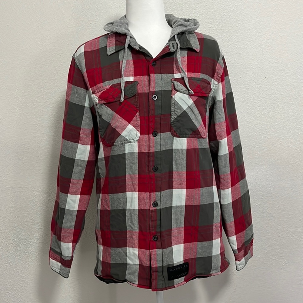 Oakley red and gray plaid button down jacket with hood size medium